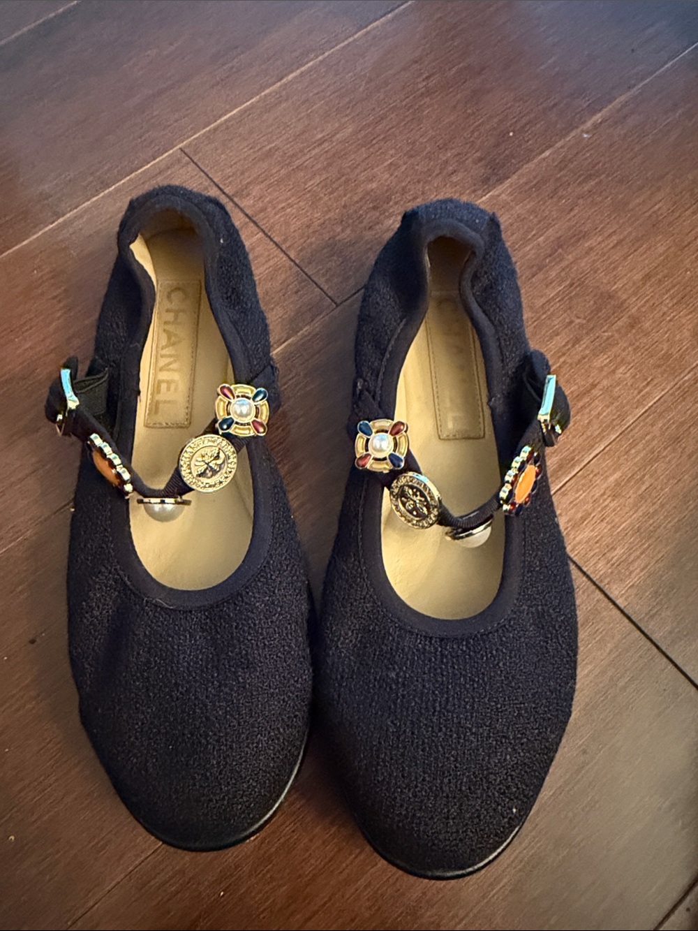 Chanel Black Embellished Mary Jane Ballet Flats